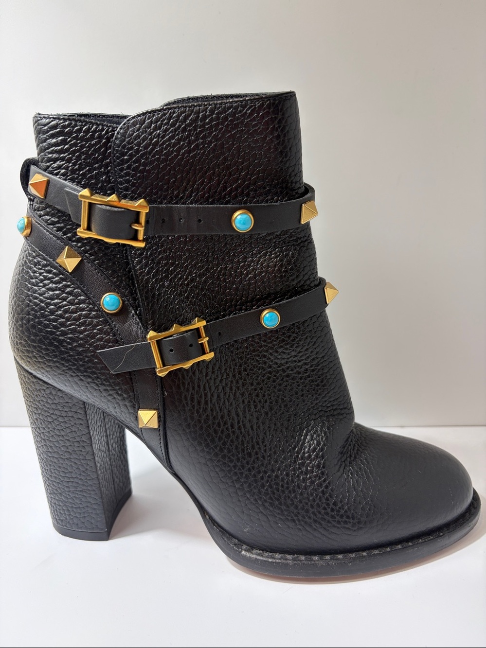 Valentino Garavani Black Leather Studded Ankle Boots with Turquoise Accents